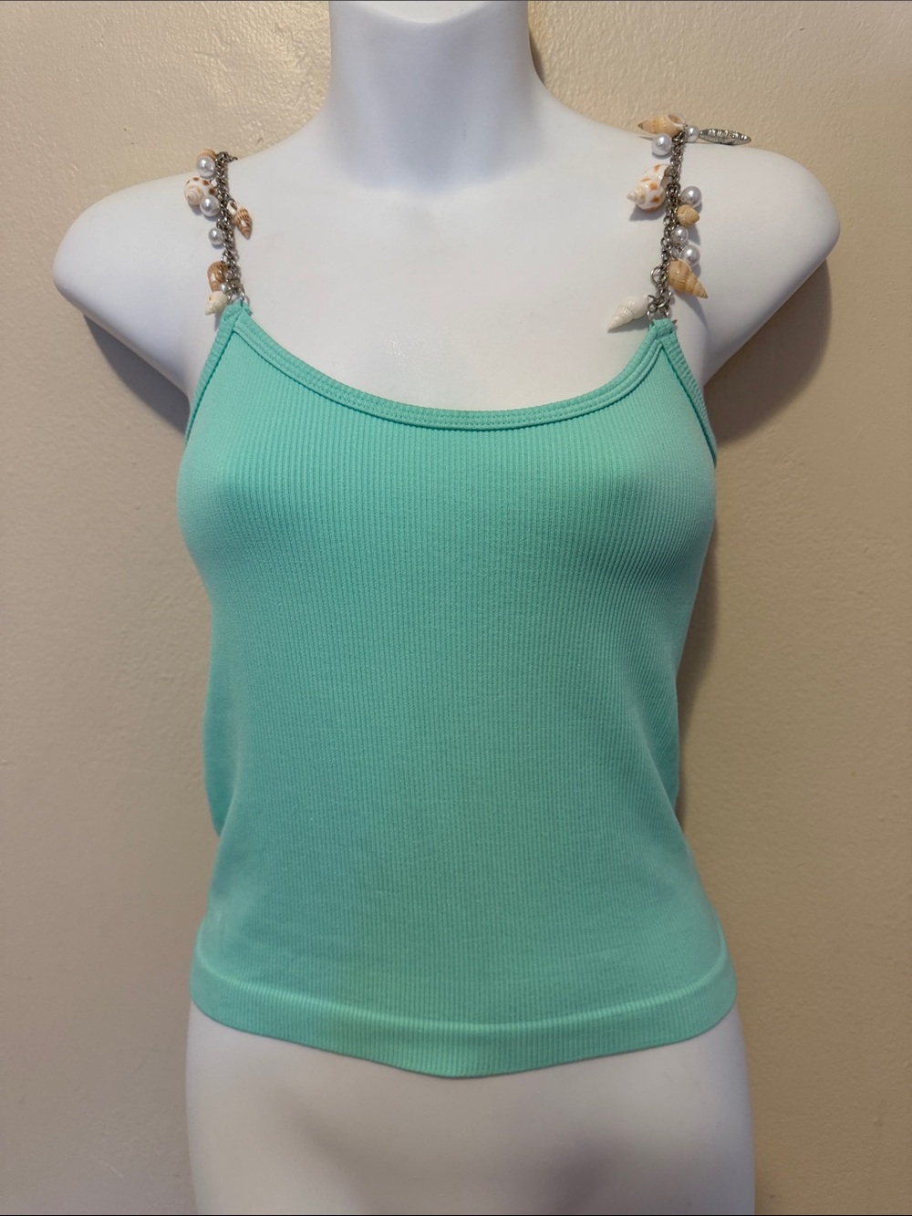 Shell-Trim Ribbed Tank Top in Seafoam